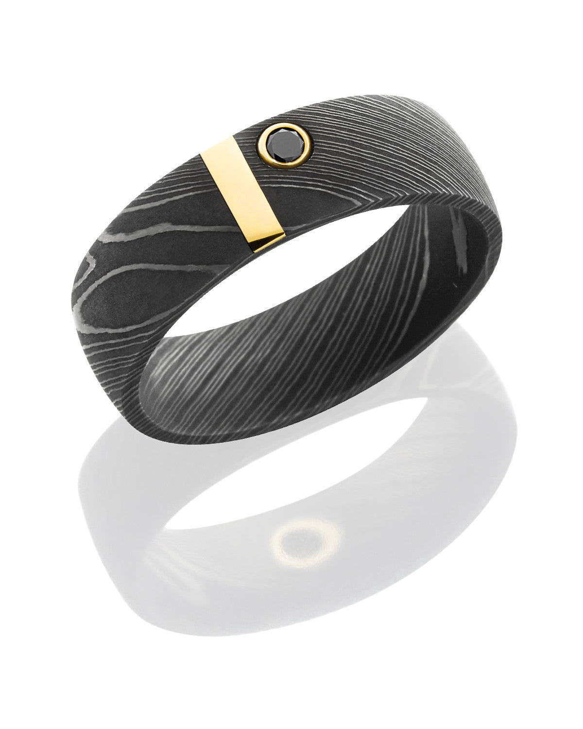 Damascus Steel Band with 14K Yellow Gold Vertical Stripe and Black Diamond-Lashbrook-Howard&#39;s Diamond Center