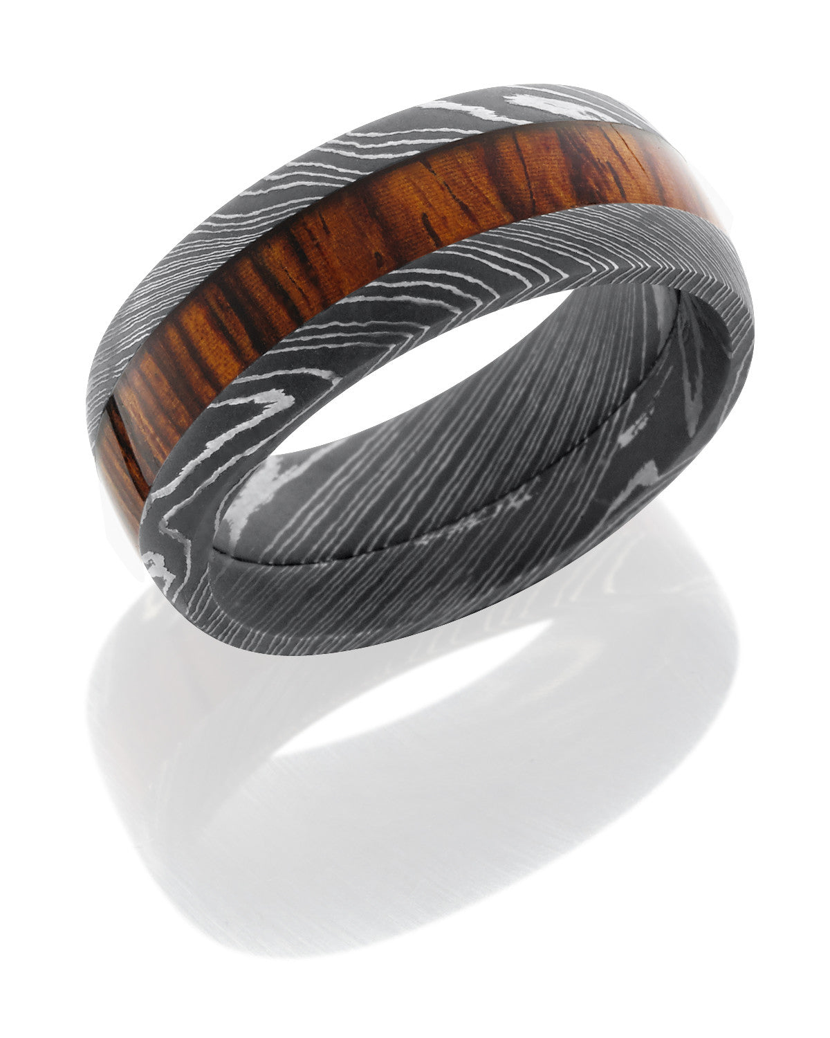 Damascus Steel 9mm Band with Mexican Cocobollo Wood Inlay-Lashbrook-Howard&#39;s Diamond Center