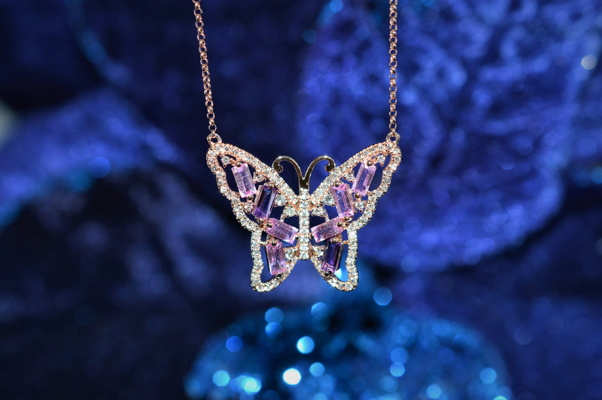 14K Pink Sapphire Amethyst and Diamond Butterfly Necklace