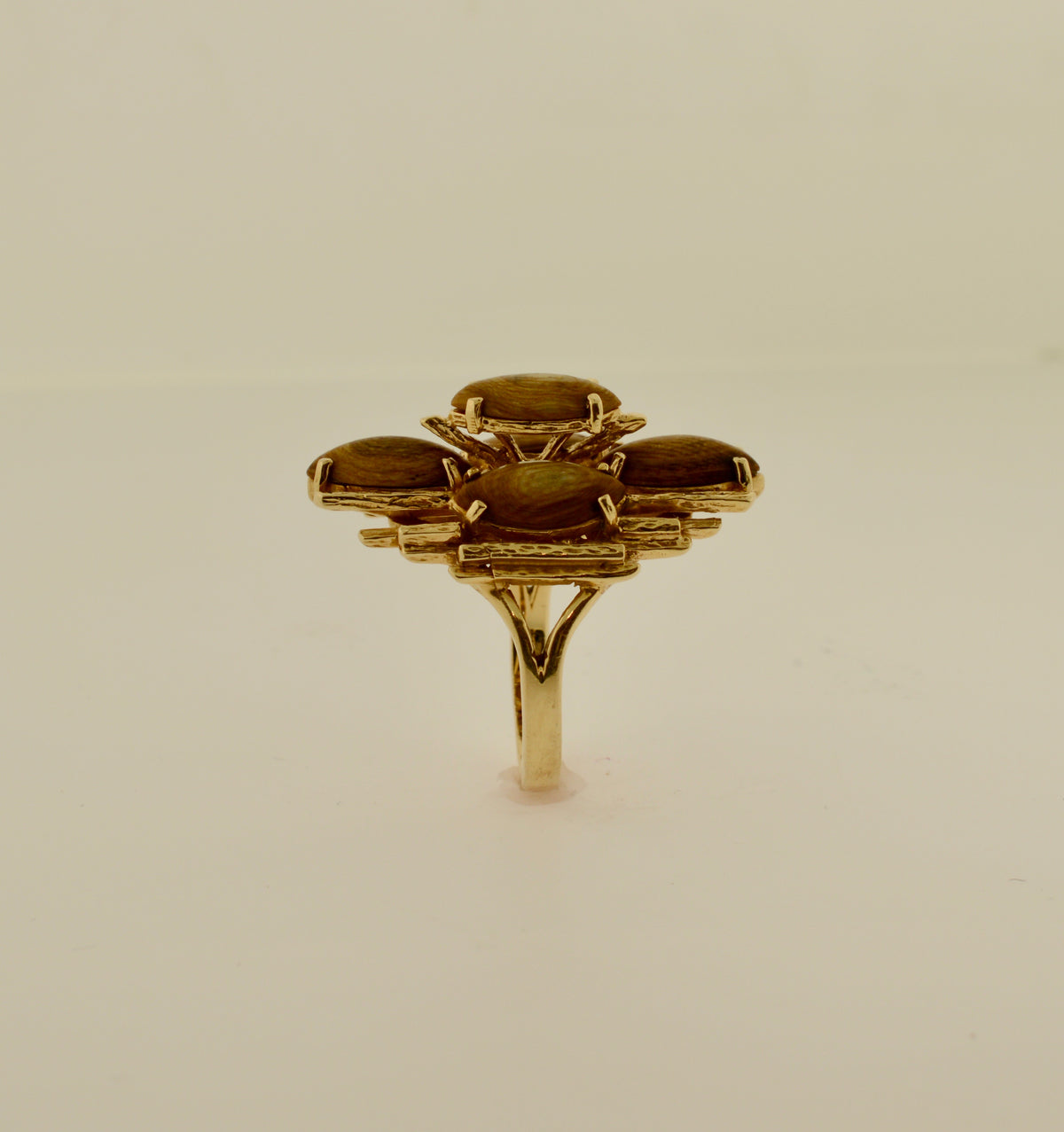 14K Yellow Gold Unique Bamboo Style Wooden Gold Ring