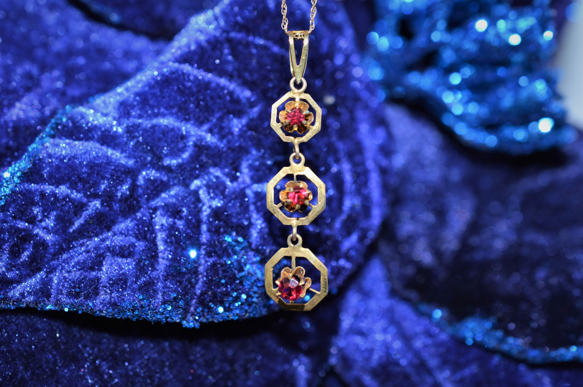 Antique Red Stone Past, Present, Future Lavalier Necklace