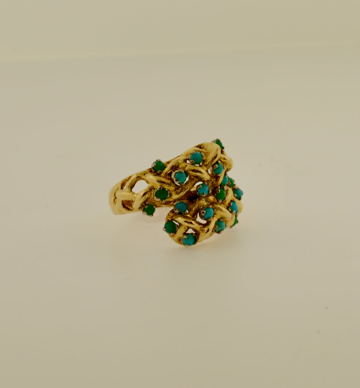 18K Yellow Gold Woven Bypass Ring with 20 Turquoise Stones