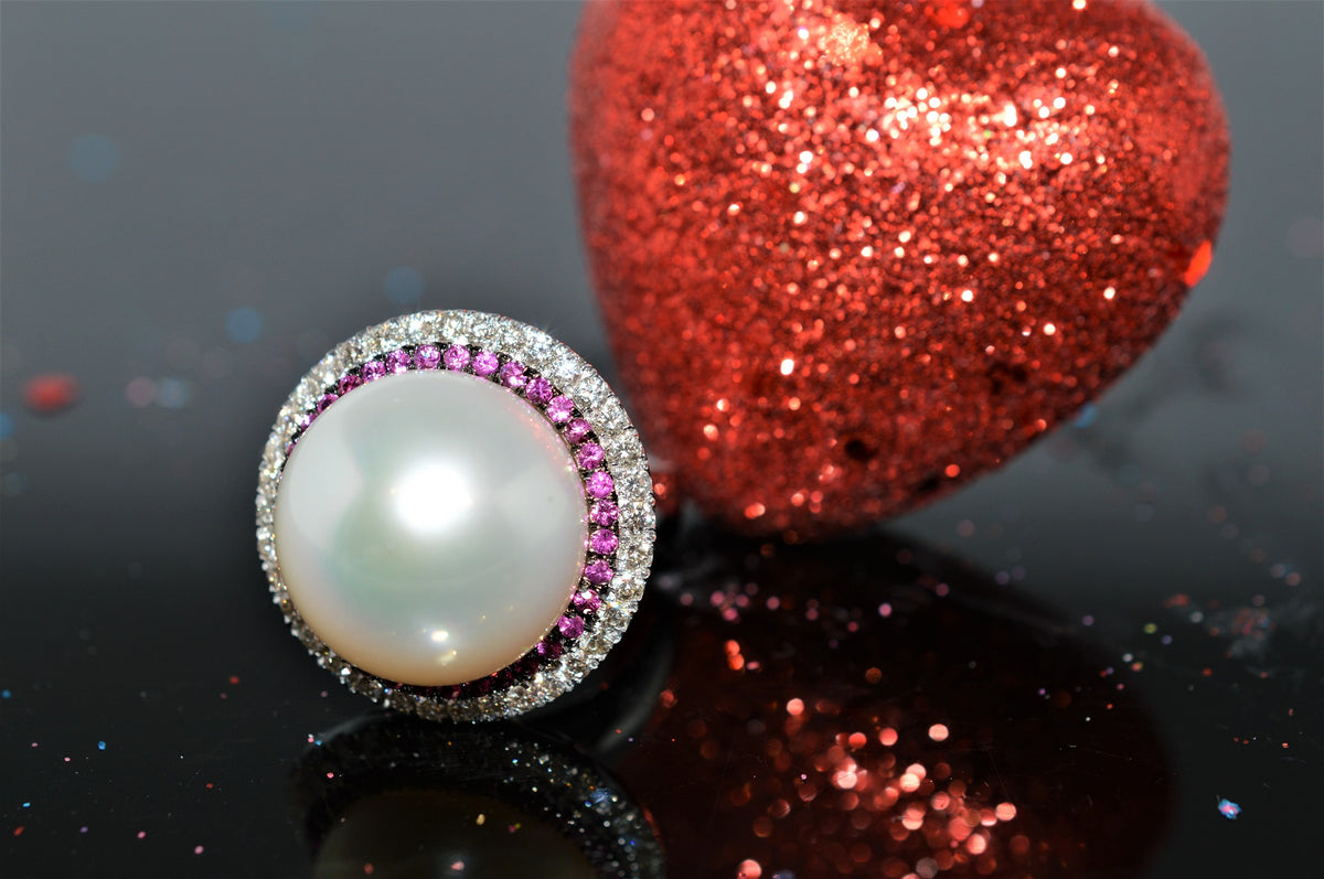18K White Gold Button Pearl, Diamond, and Ruby Ring
