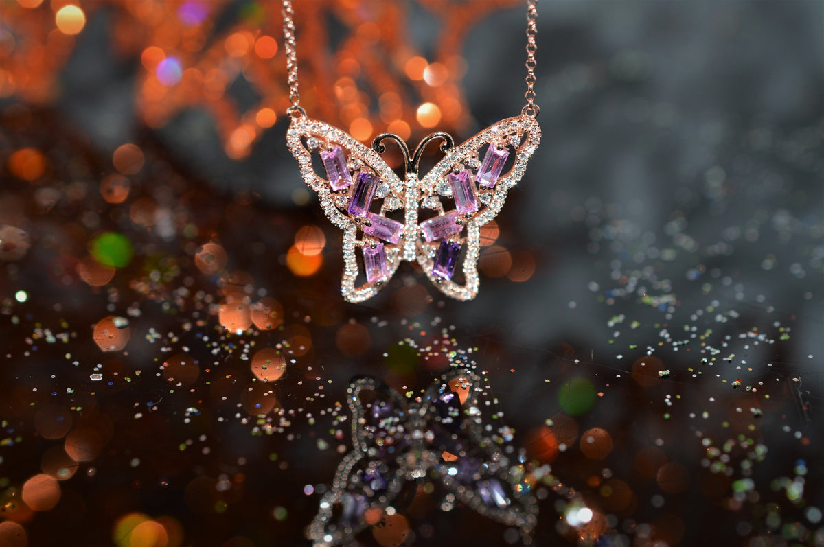 14K Pink Sapphire Amethyst and Diamond Butterfly Necklace