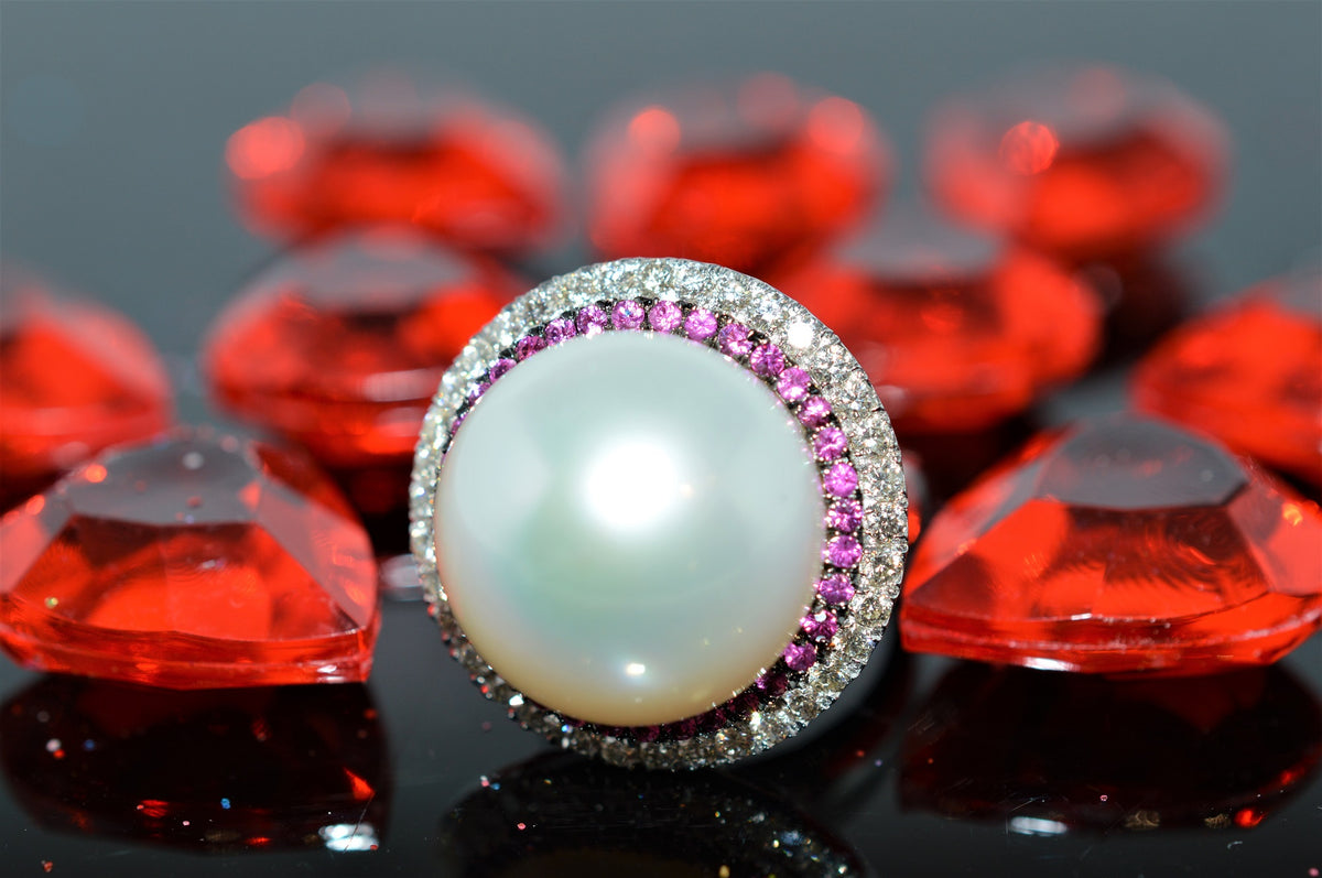 18K White Gold Button Pearl, Diamond, and Ruby Ring