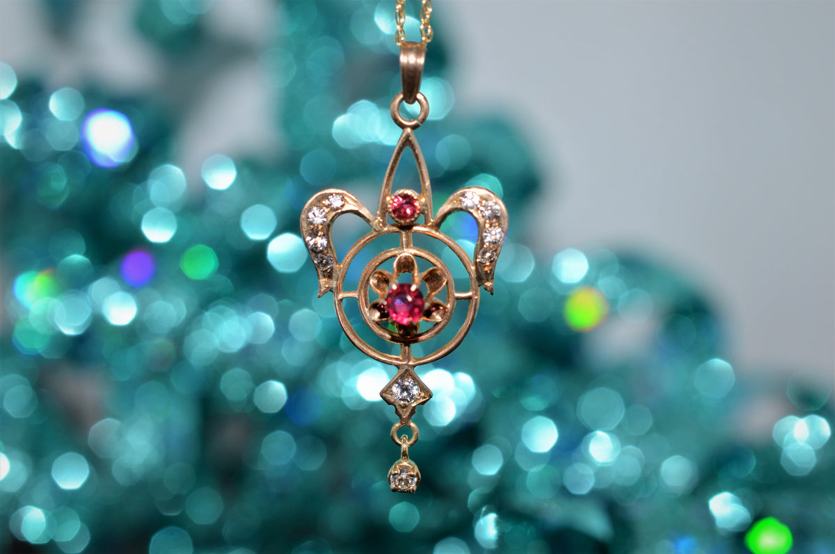 10K Antique Red and White Stone Gold Lavalier Necklace