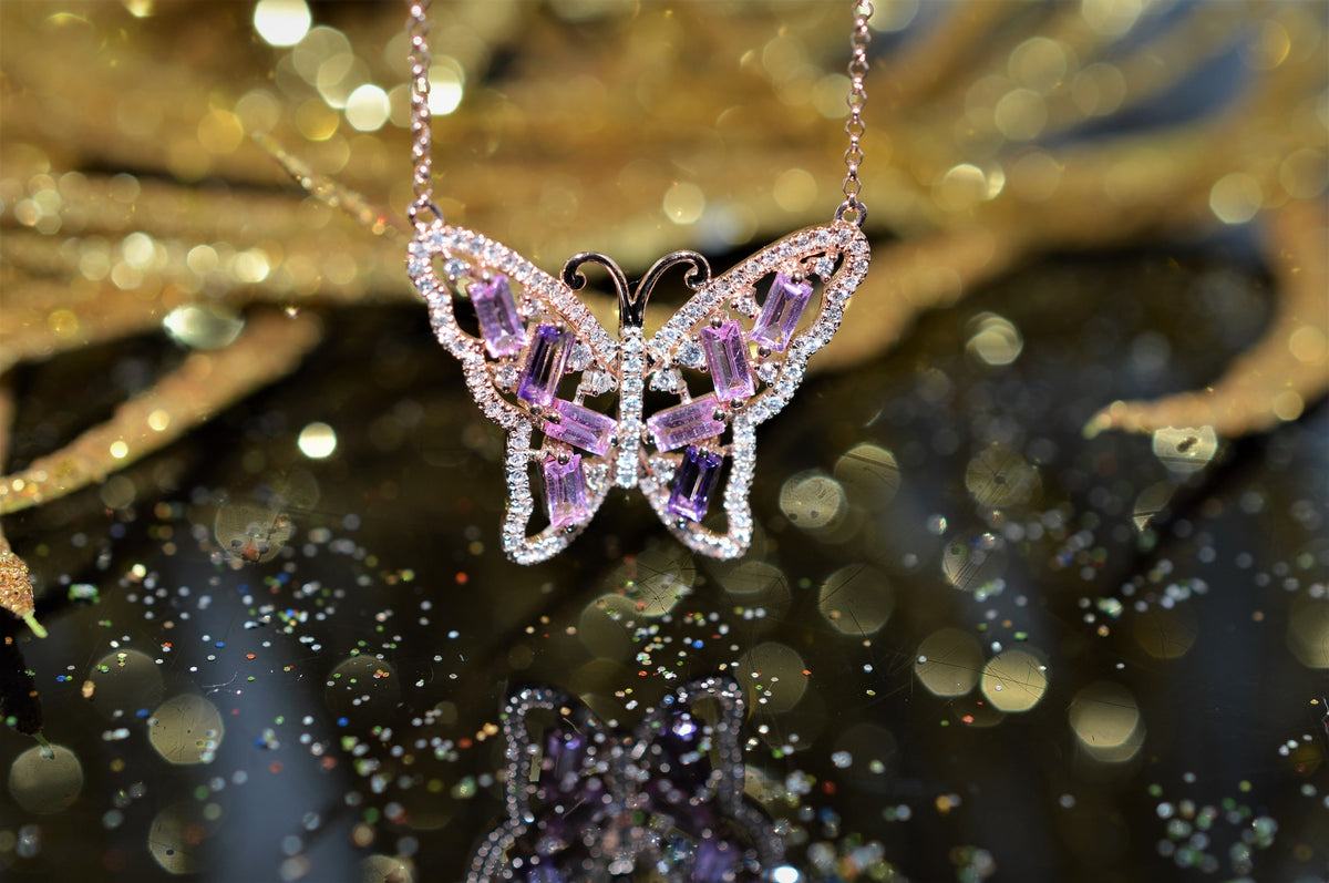 14K Pink Sapphire Amethyst and Diamond Butterfly Necklace