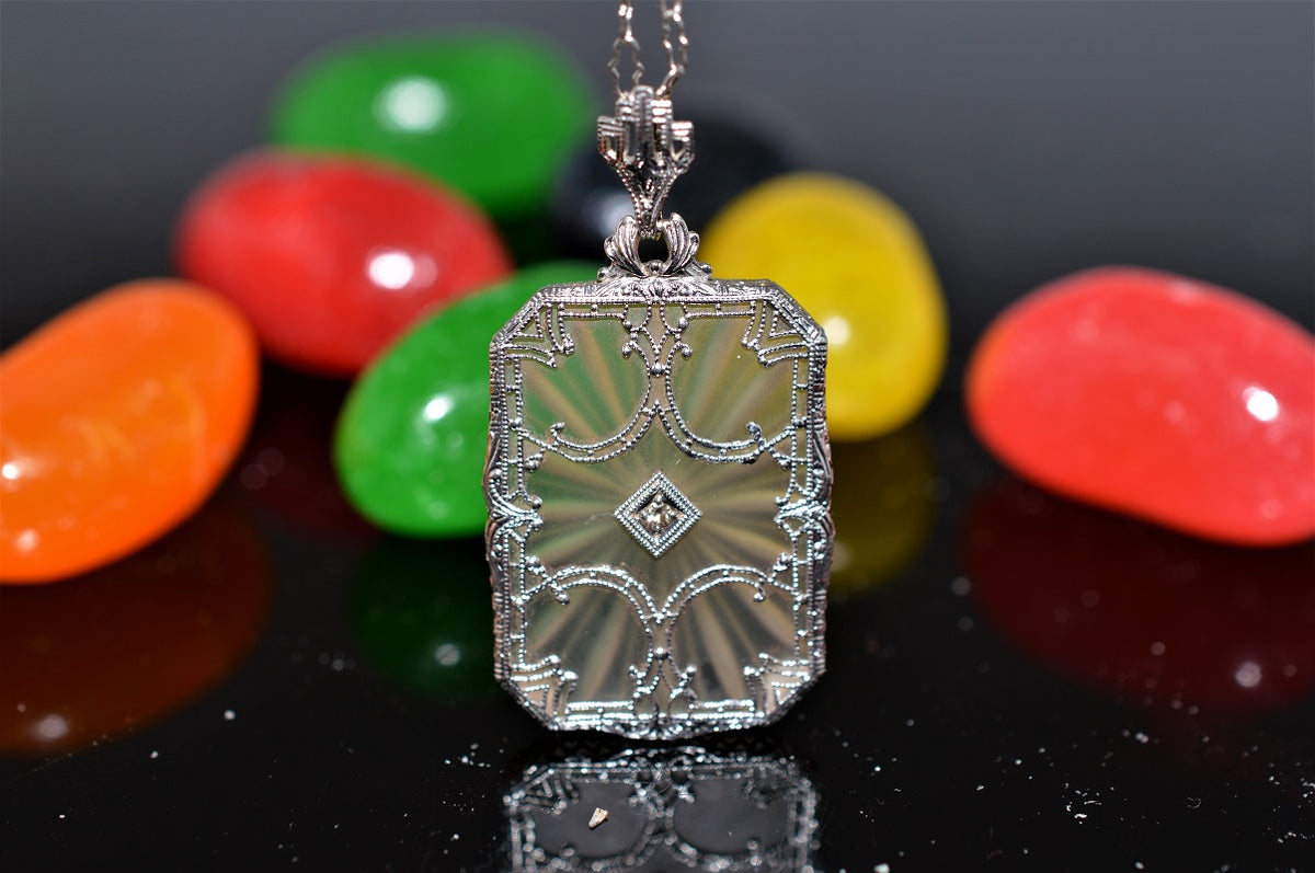 14K White Gold Rectangular Rock Crystal Filigree Pendant