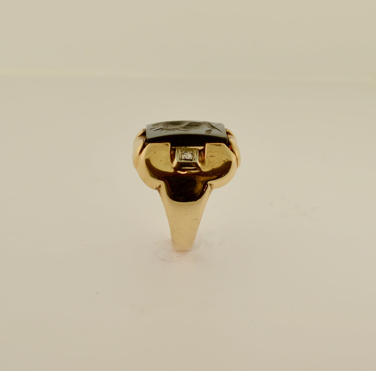 10 Karat Men&#39;s Hematite Intaglio and Diamond Gold Ring