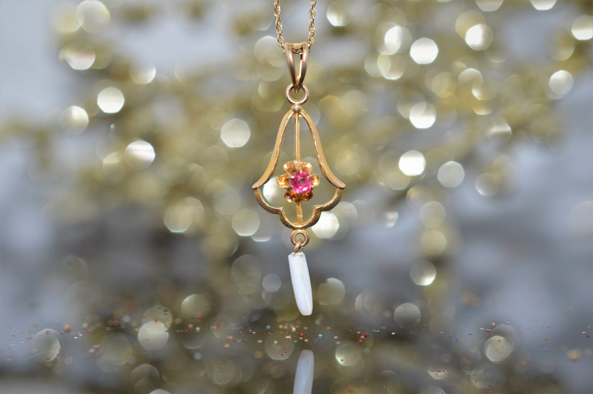 10K Antique Pearl and Red Stone Gold Lavalier Necklace