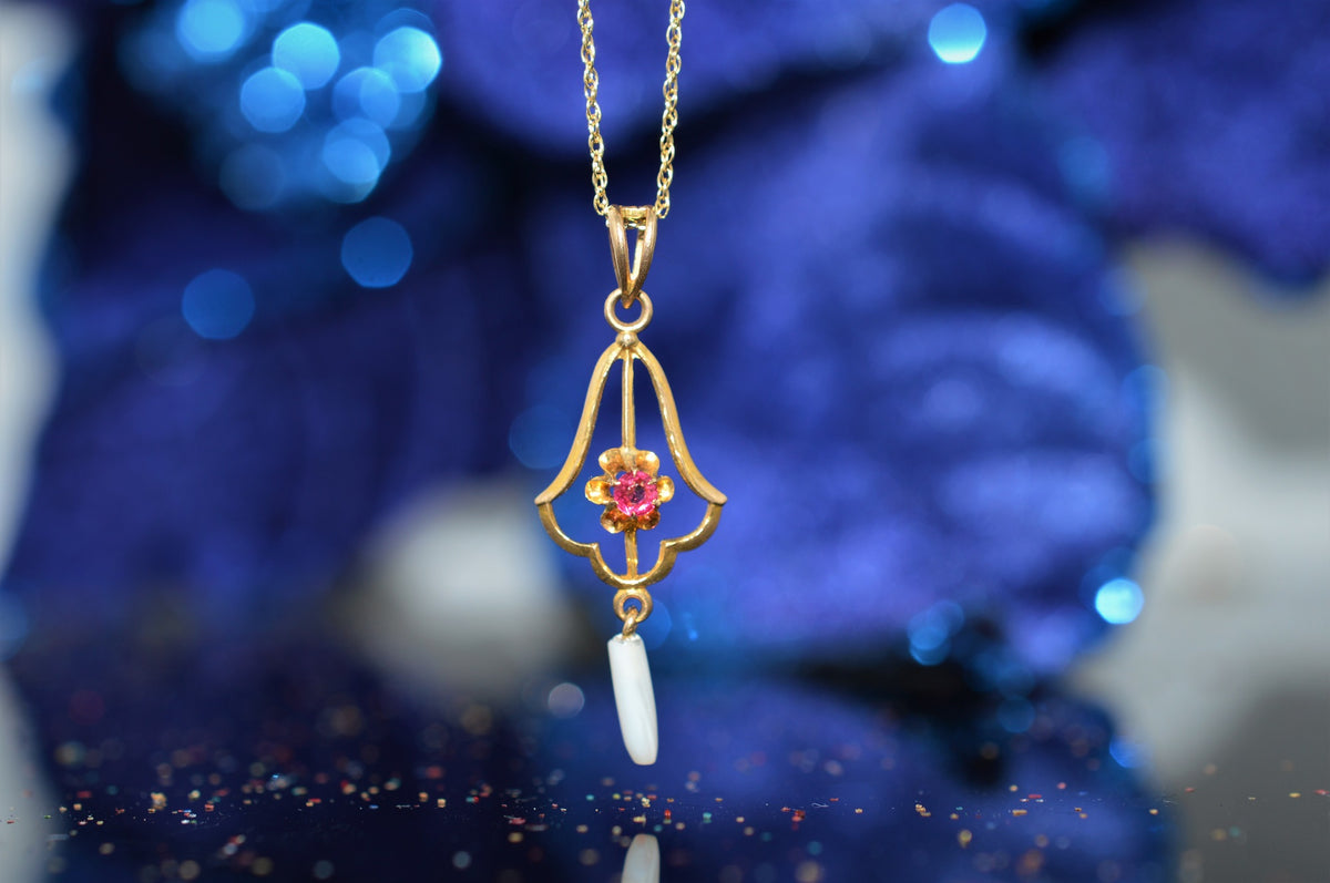 10K Antique Pearl and Red Stone Gold Lavalier Necklace