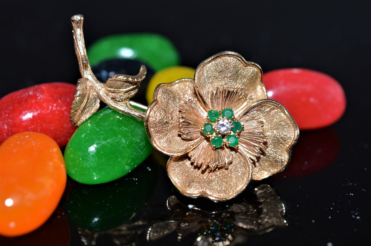 Floral Pearl, Ruby & Sapphire Brooch Pin 18K Yellow Gold Italy