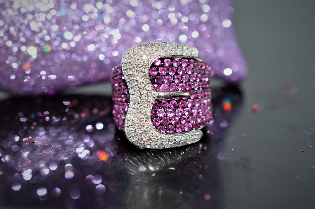 14K White Gold Pink Sapphire and Diamond Buckle Ring
