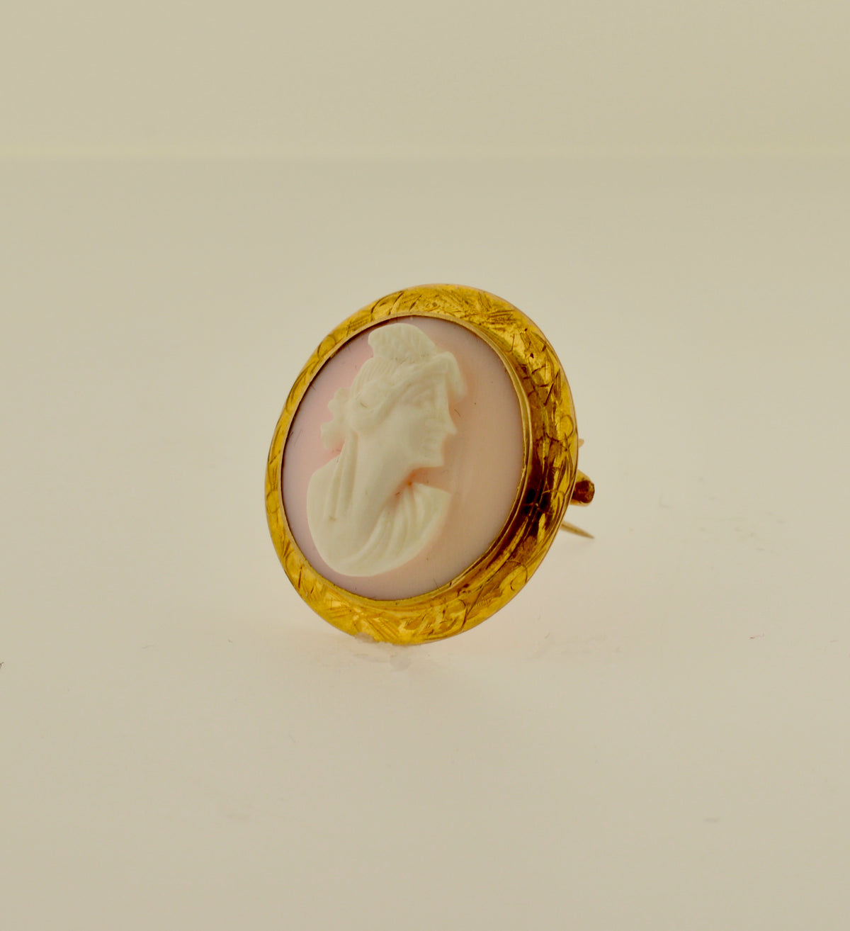 10K Yellow Gold Light Pink Shell Round Cameo Gold Brooch