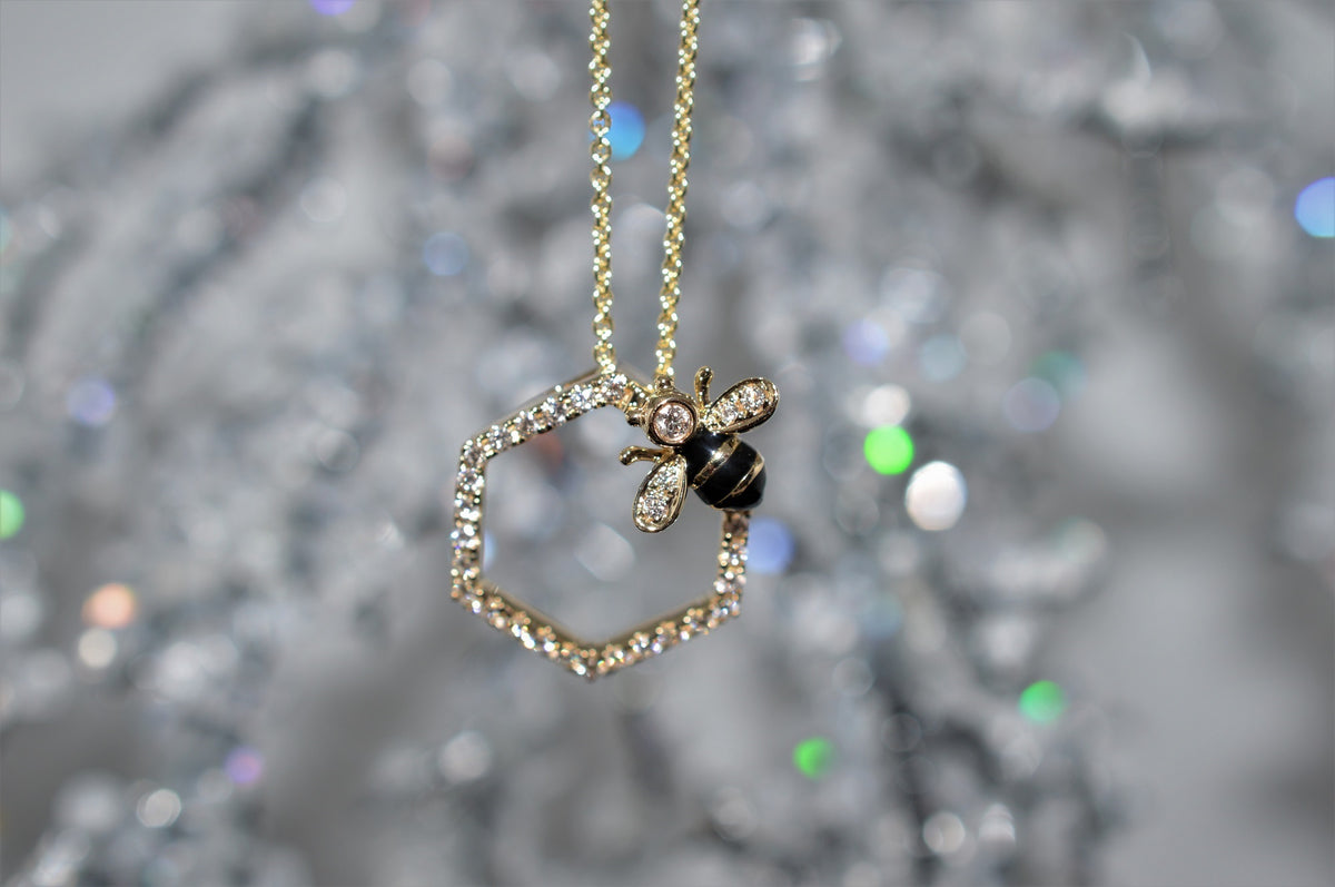 14K Hexagonal Diamond Pendant With A Diamond Bumble Bee