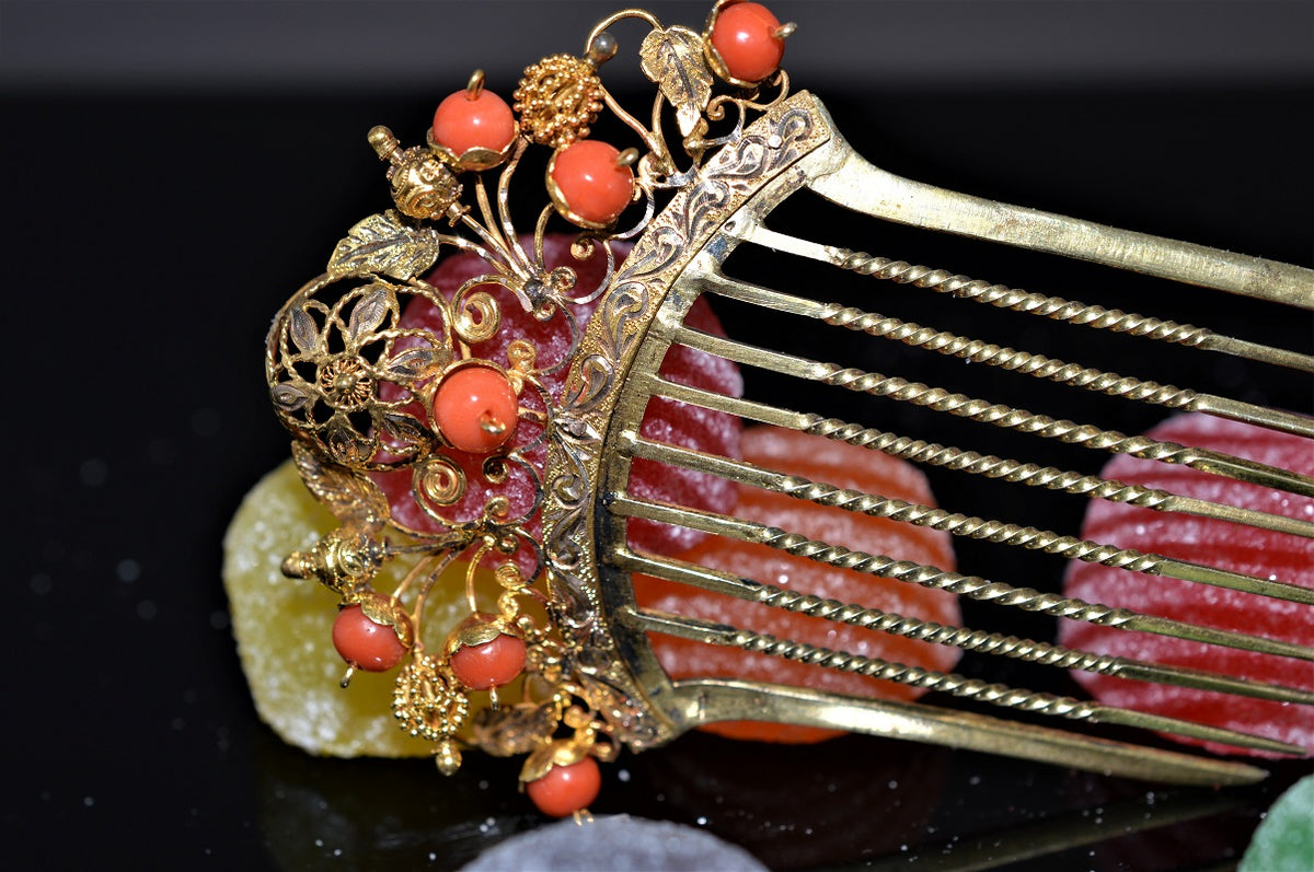 18K Yellow Gold Victorian Hair Comb with Filigree Gold Vines
