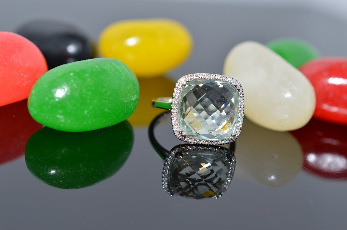 14 Karat White Gold Green Amethyst and Diamond Ring