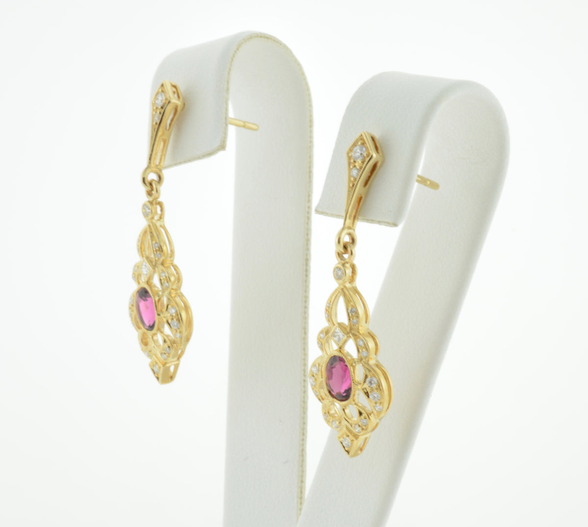Oval Pink Tourmaline and Diamond Gold Drop Earrings