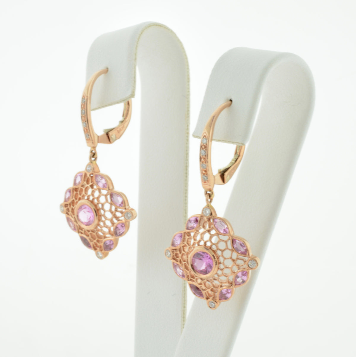 Art Deco Pink Sapphire and Diamond Rose Gold Earrings