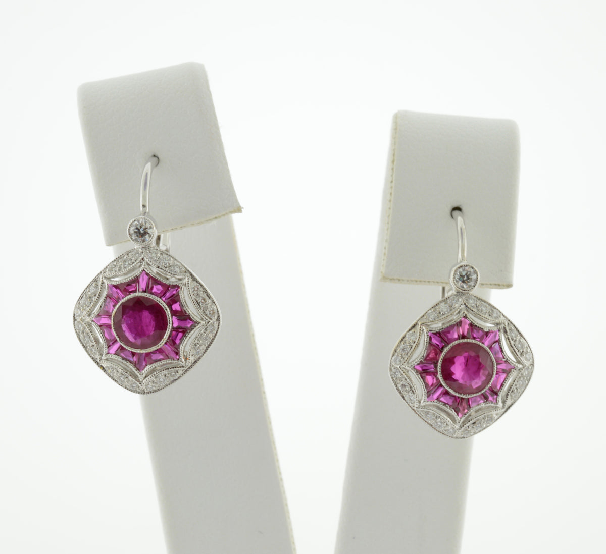 18K White Gold Art Deco Inspired Ruby and Diamond Earrings