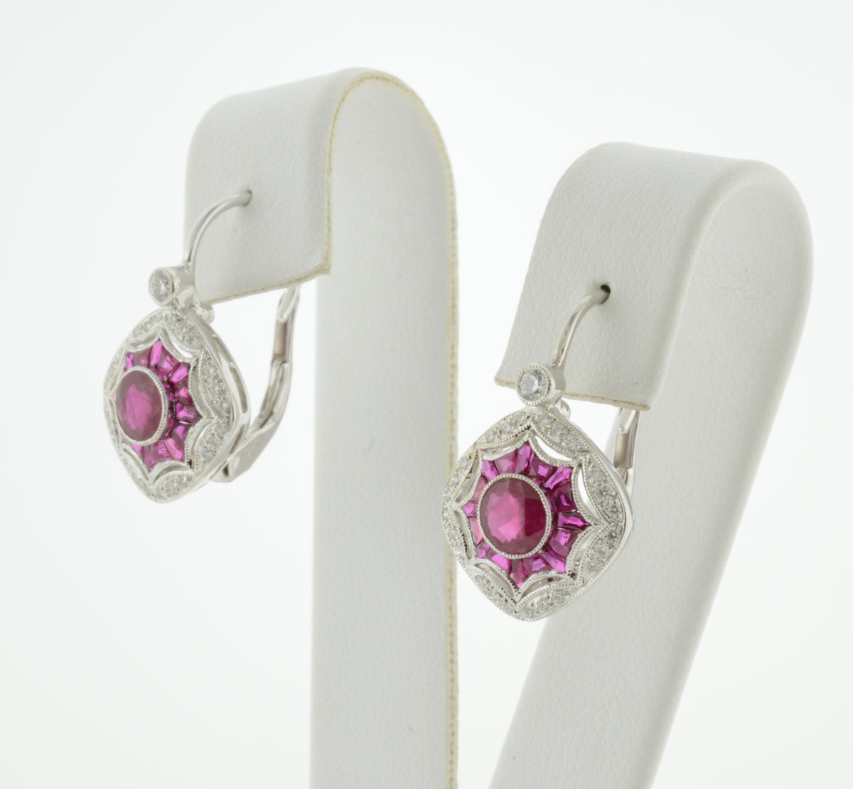 18K White Gold Art Deco Inspired Ruby and Diamond Earrings