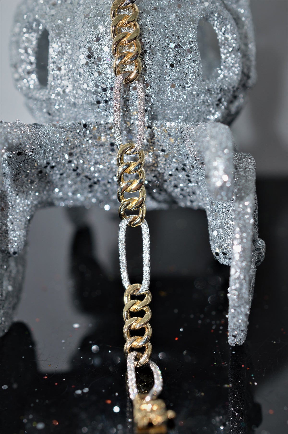 14K Two Tone 7 Inch Long Handmade Diamond Figaro Bracelet