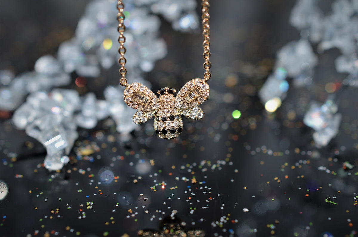 14K Yellow Gold, White and Black Diamond Bee Pendant