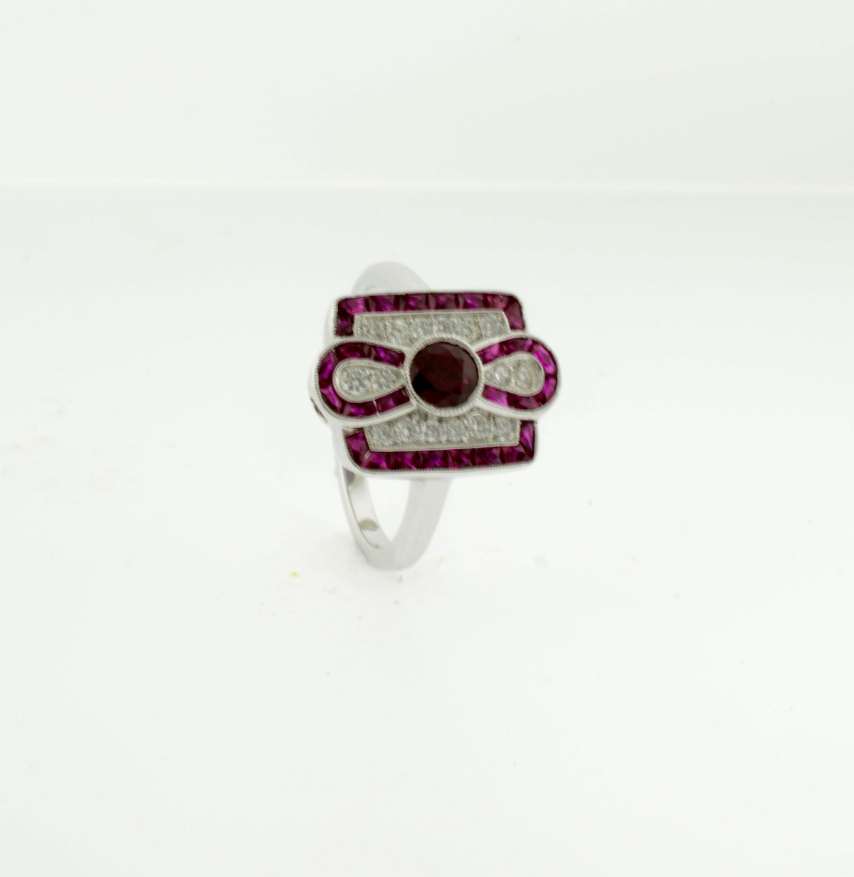 18K Ruby and Diamond Infinity Style Art Deco Inspired Ring