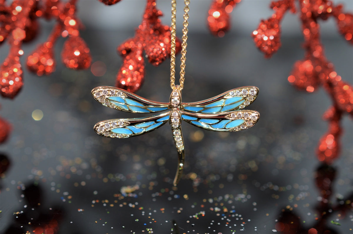 14K Yellow Gold Plique-A-Jour Diamond Dragonfly Pendant