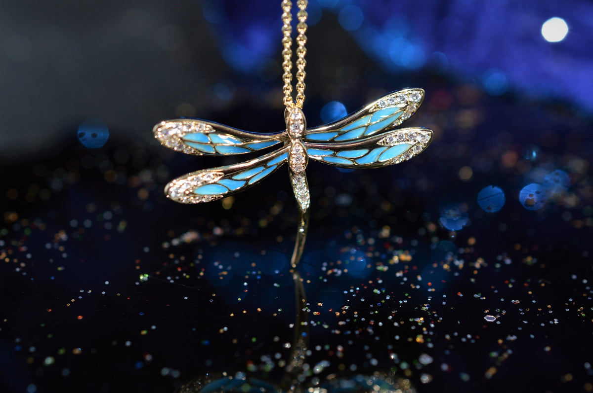 14K Yellow Gold Plique-A-Jour Diamond Dragonfly Pendant