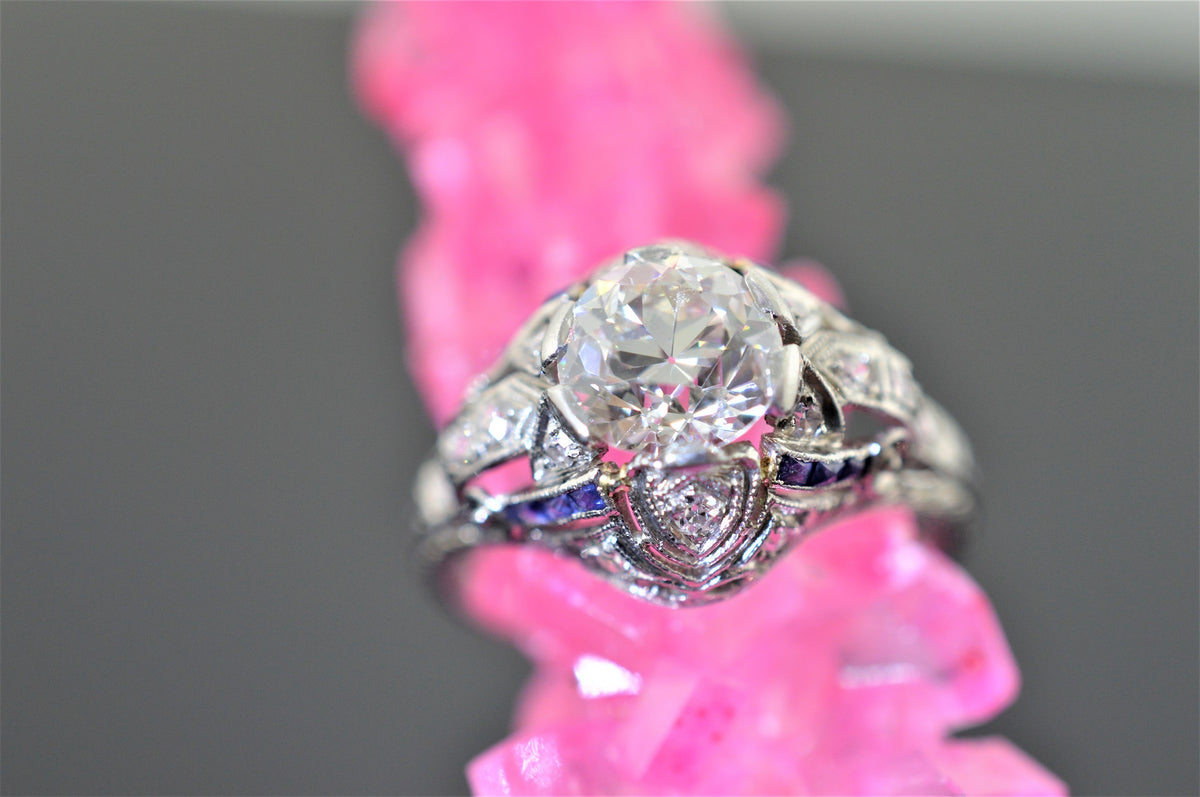 Platinum Filigree Sapphire and Old European Cut Diamond Ring