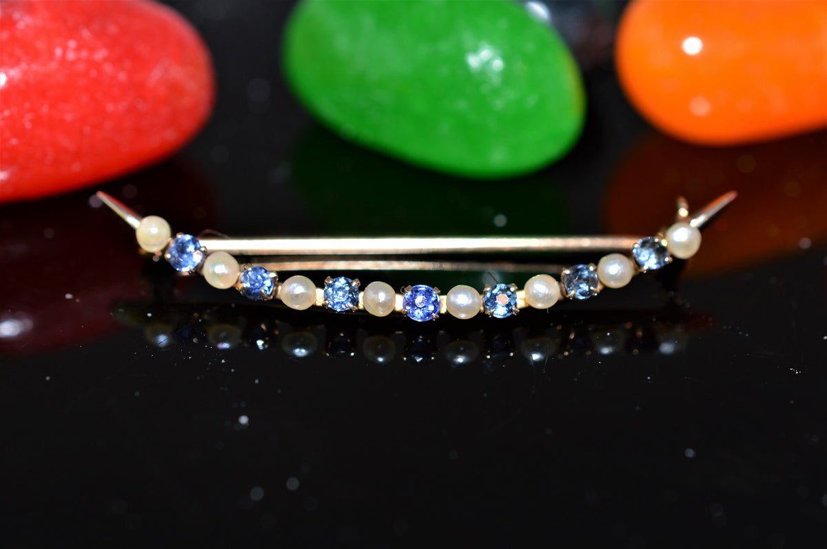 10K Yellow Gold Pearl and Sapphire Crescent Brooch