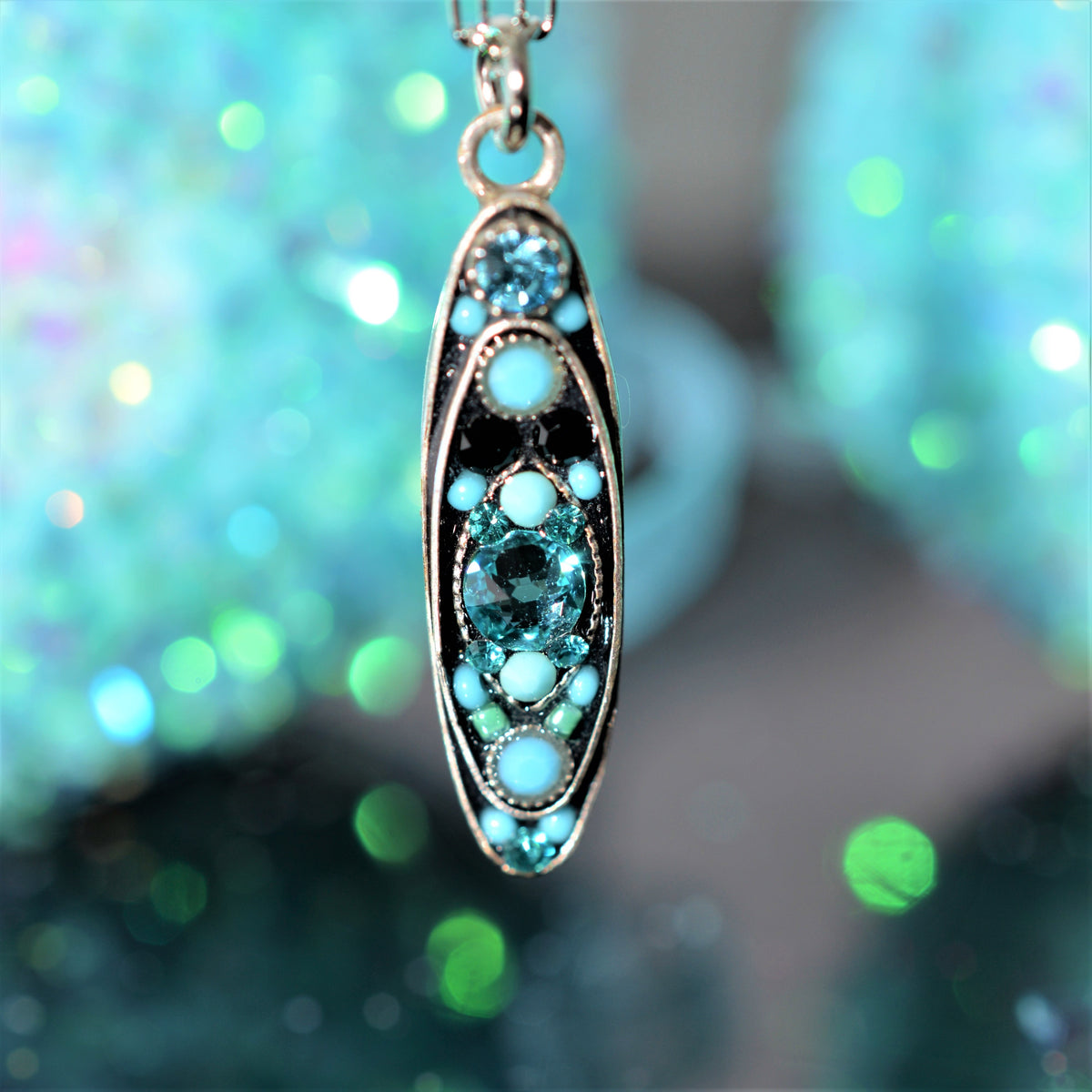 Antique Silver Plated Turquoise Long Oval Pendant by Firefly