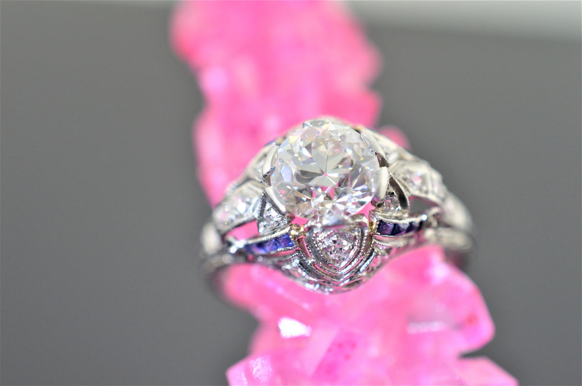 Platinum Filigree Sapphire and Old European Cut Diamond Ring