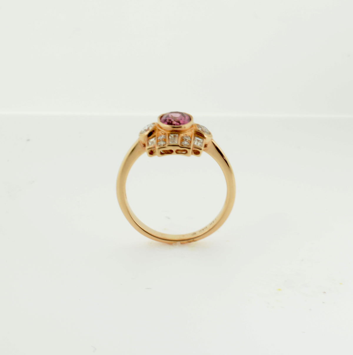 Rose Gold Pink Tourmaline and Diamond Art Deco Inspired Ring