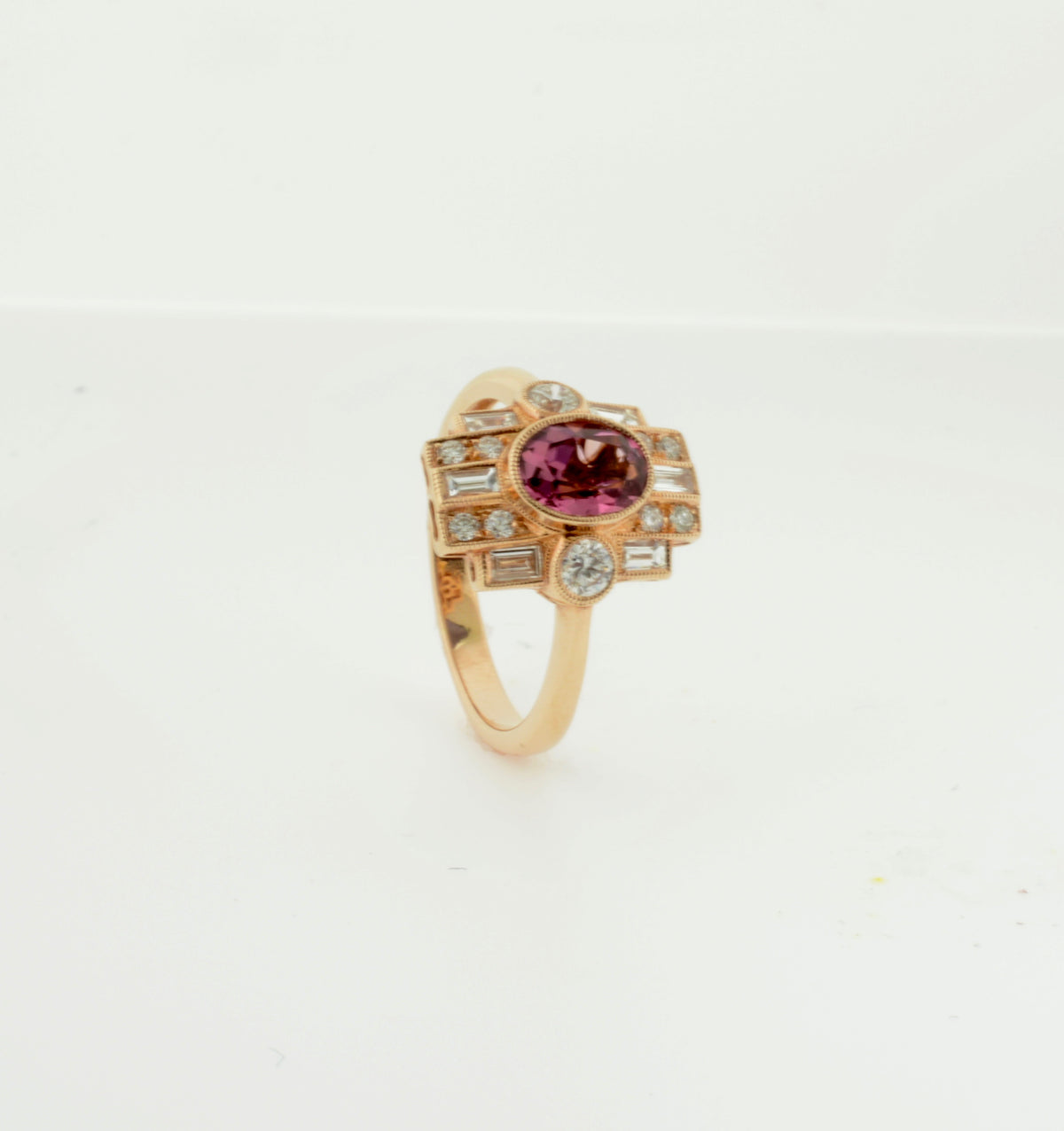 Rose Gold Pink Tourmaline and Diamond Art Deco Inspired Ring