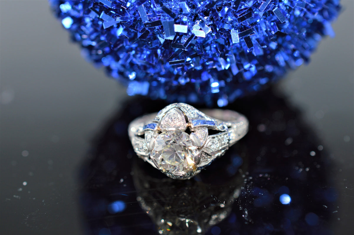 Platinum Filigree Sapphire and Old European Cut Diamond Ring