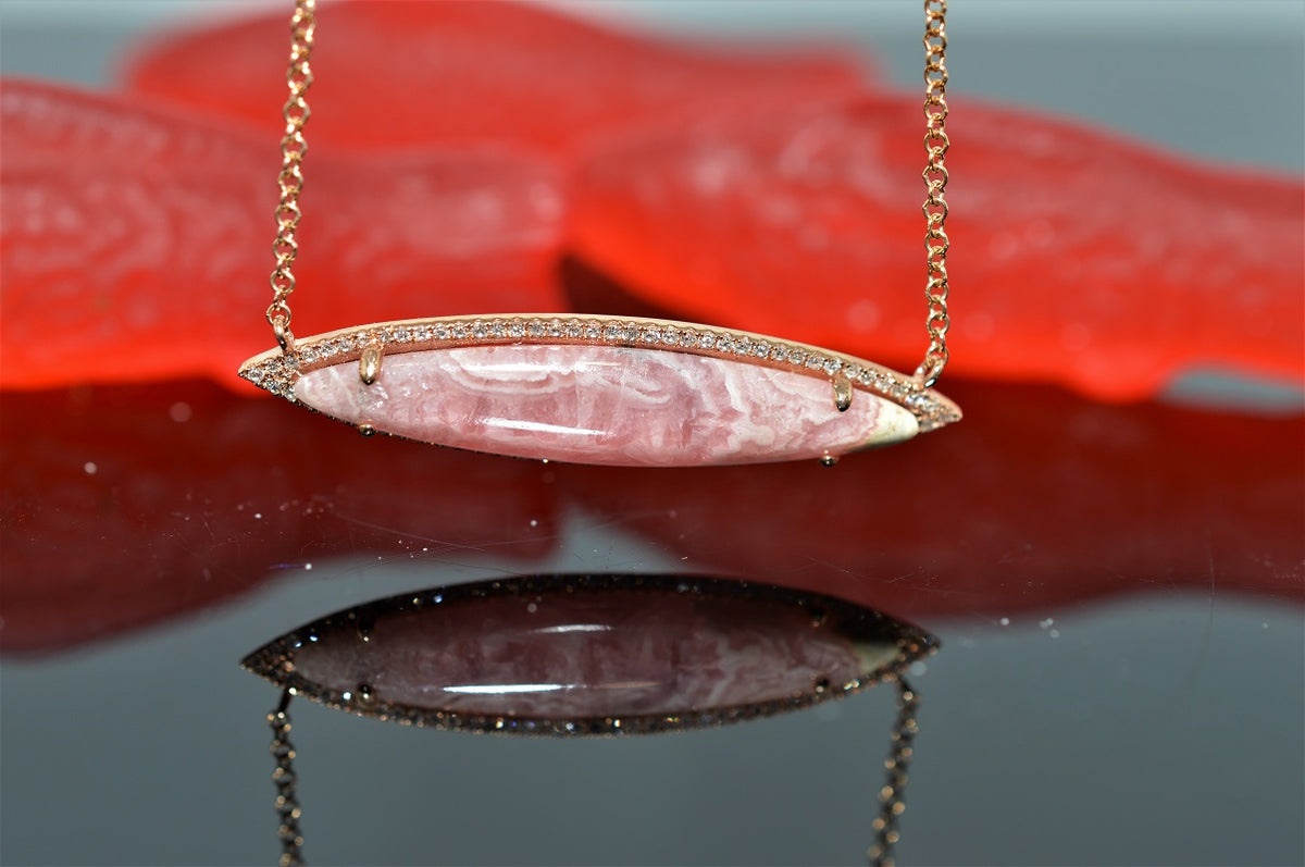 14K Rose Gold Adjustable Rhodochrosite Pendant, 18&quot; Chain