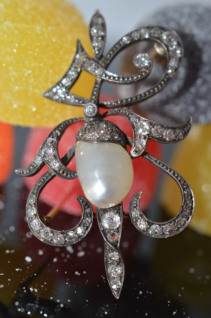 Antique Silver Topped Gold Pearl and Diamond Brooch/Pendant