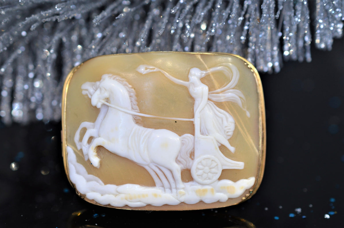 14K Yellow Gold Rectangular Shell Cameo Brooch with Chariot