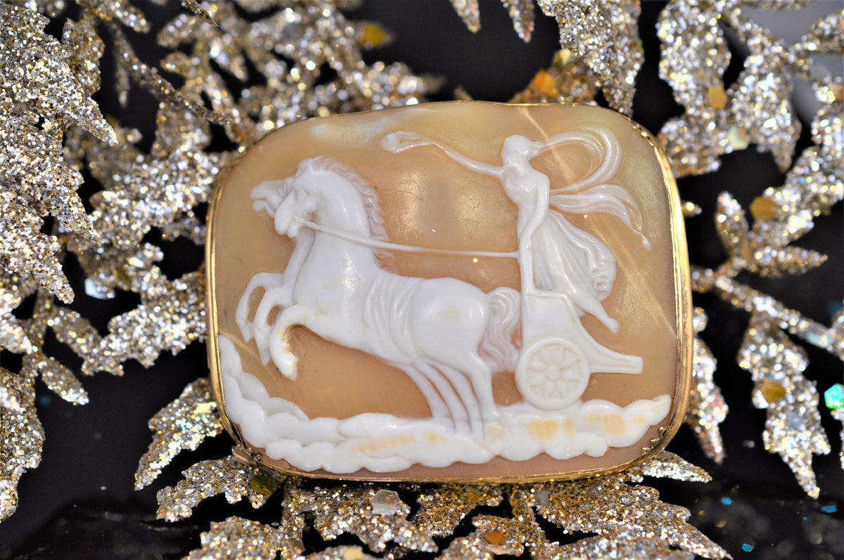 14K Yellow Gold Rectangular Shell Cameo Brooch with Chariot