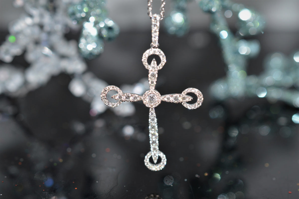 14K White Gold Diamond and Cross Necklace on and 18&quot; Chain