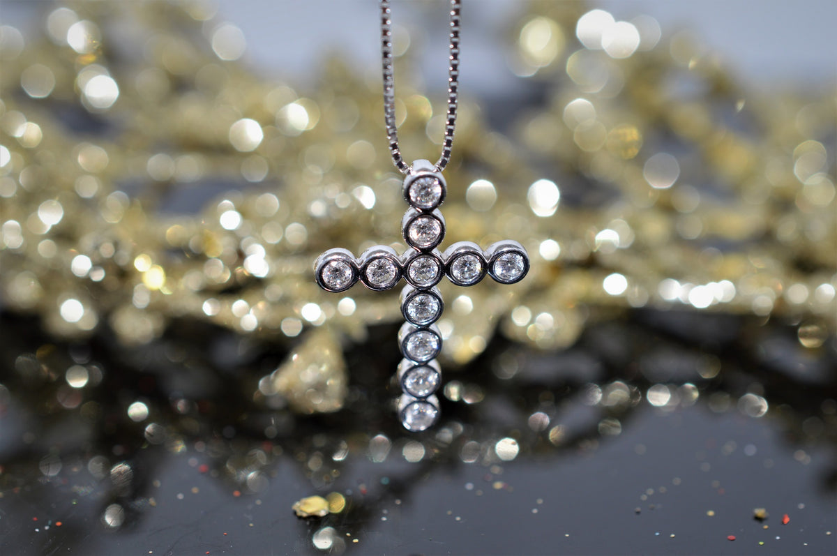 14K White Gold Round Diamond Cross Necklace on an 18&quot; Chain