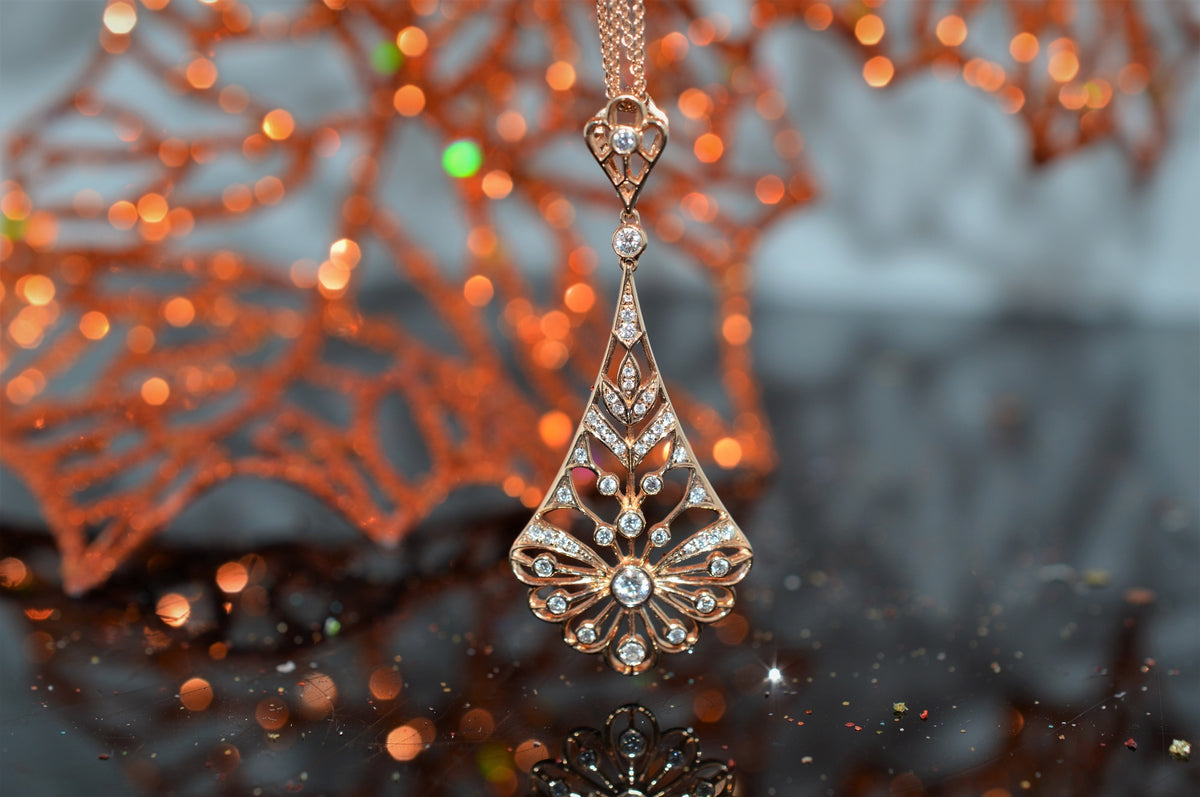 14K Rose Gold Diamond Filigree Antique Style Necklace