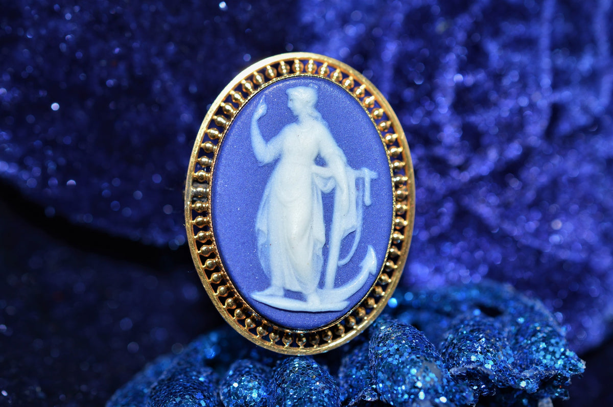 14K Yellow Gold Oval Blue Wedgewood Cameo Featuring a Lady