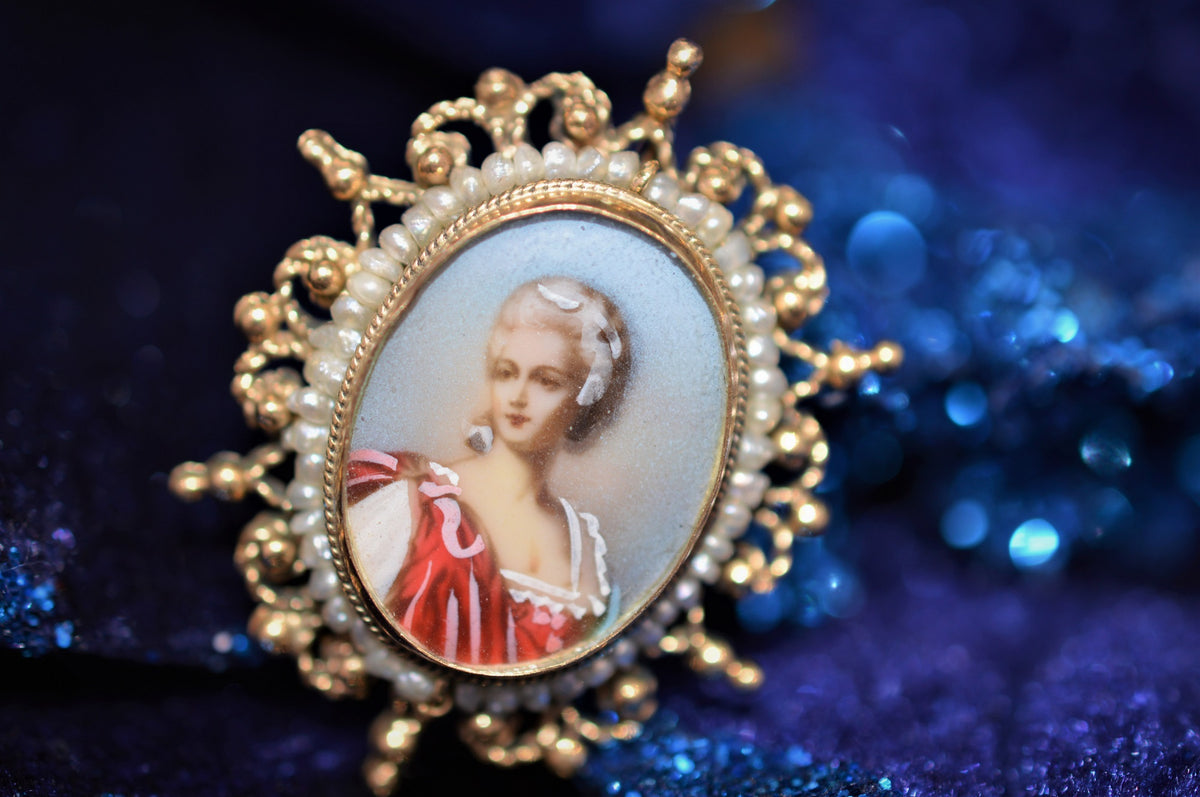 14K Yellow Gold Oval Victorian Hand Painted Portrait Brooch