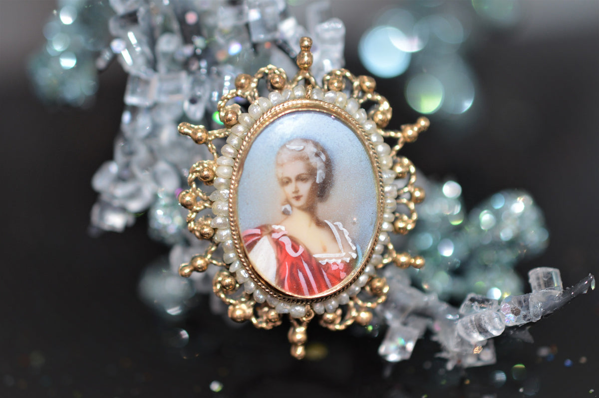 14K Yellow Gold Oval Victorian Hand Painted Portrait Brooch