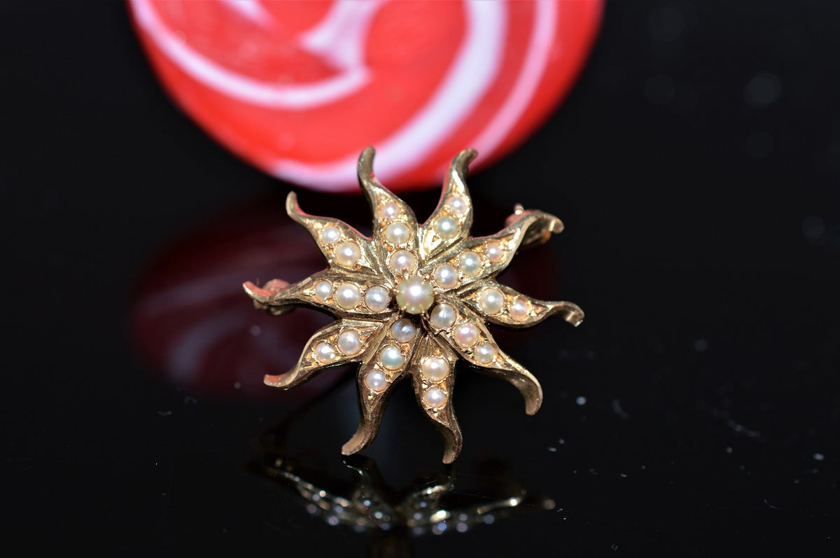 14K Yellow Gold Victorian Pearl Sunburst Pin and Pendant