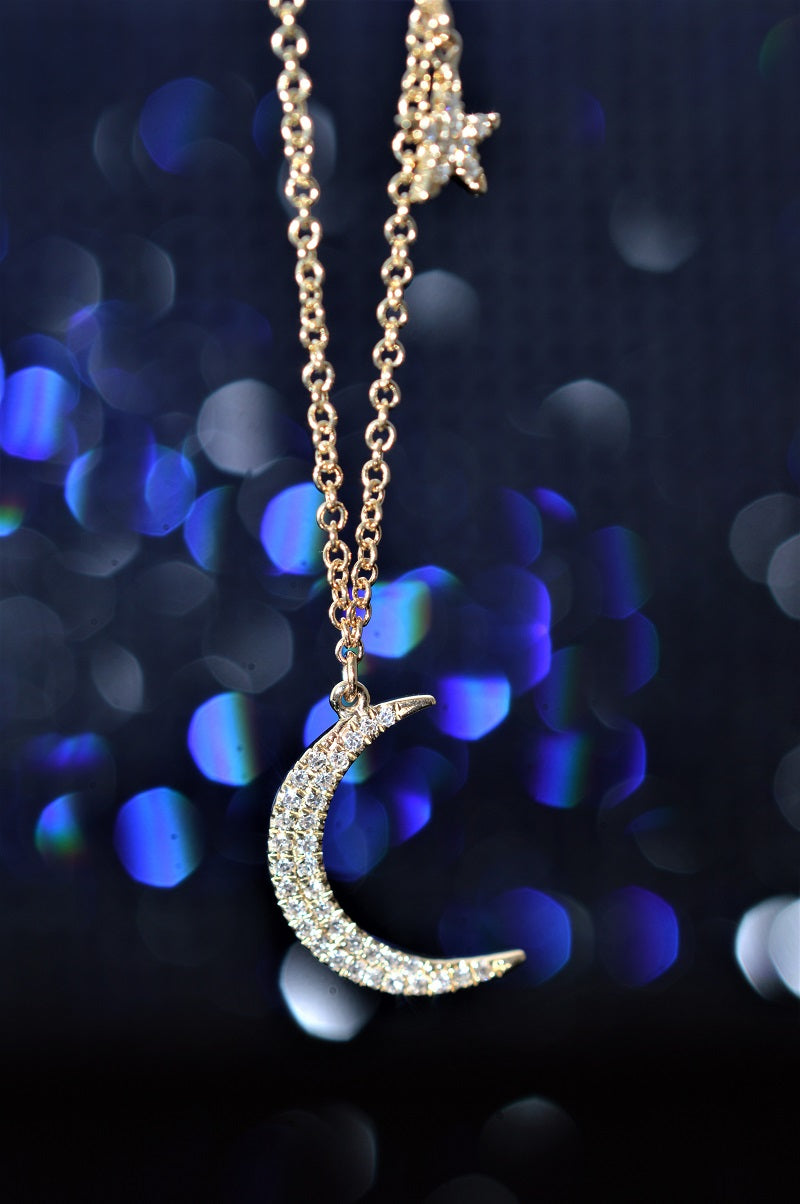 14K Yellow Gold Adjustable Diamond Moon and Star Necklace
