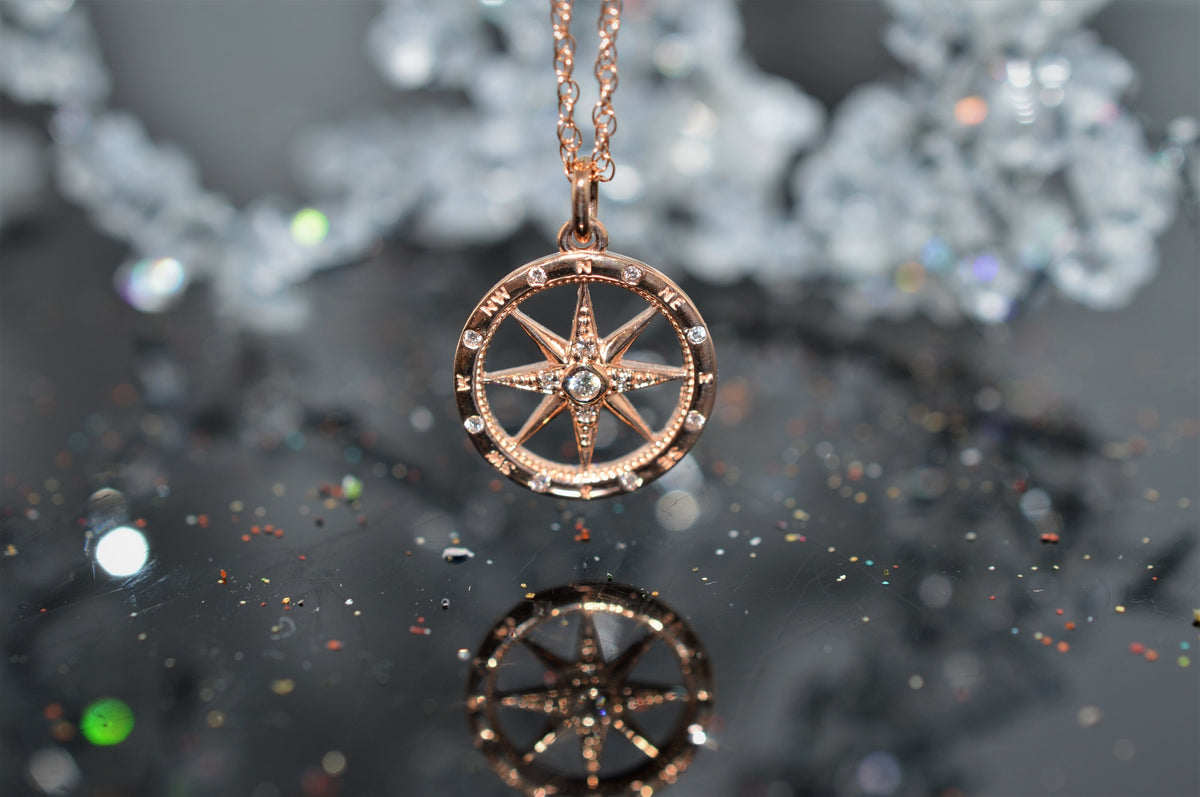 14K Rose Gold Diamond Compass Necklace on an 18&quot; Chain
